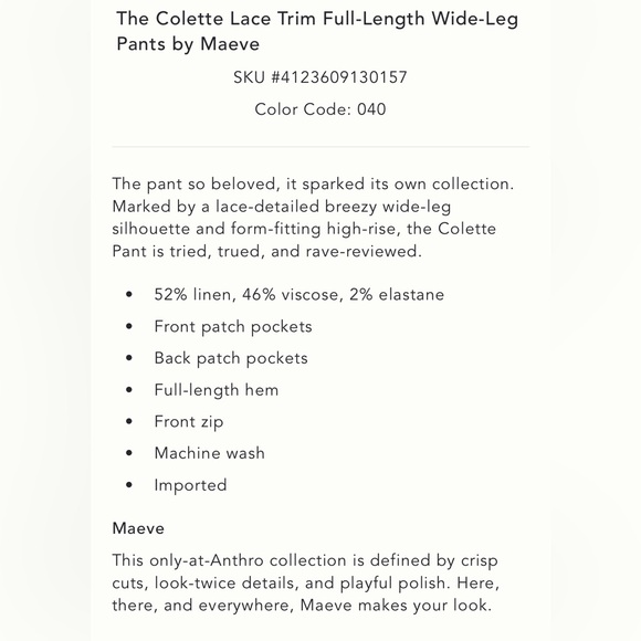 THE COLETTE LACE TRIM FULL-LENGTH WIDE-LEG PANTS MAEVE in Bright Cornflower NEW - Picture 5 of 5